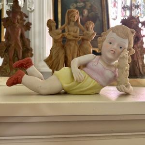 Vintage Piano babies porcelain bisque figurine, girl and bunny rabbit, yellow